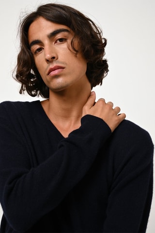 Pull Agel 100% cachemire, 2 fils - Col en V - Bleu marine