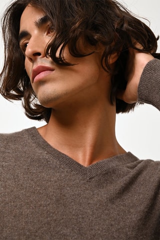 Pull Agel 100% cachemire, 2 fils - Col en V - Taupe chiné