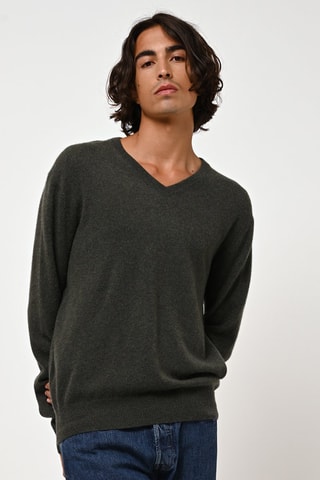 Pull Agel 100% cachemire, 2 fils - Col en V - Kaki chiné
