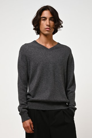Pull Agel 100% cachemire, 2 fils - Col en V - Anthracite chiné