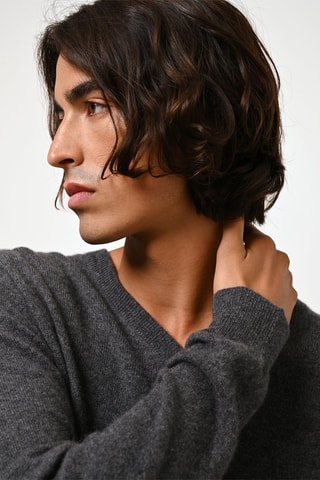 Pull Agel 100% cachemire, 2 fils - Col en V - Anthracite chiné