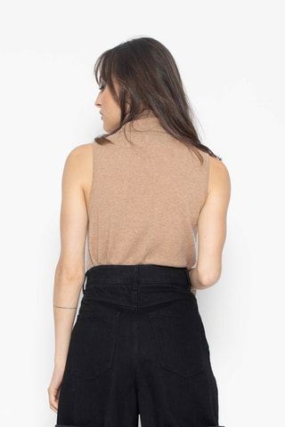 Pull sans manches Capucin 100% cachemire, 2 fils - Col montant - Camel chiné