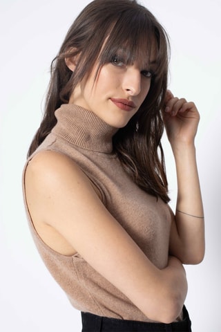 Pull sans manches Capucin 100% cachemire, 2 fils - Col montant - Camel chiné