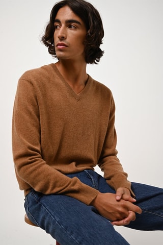 Pull Agel 100% cachemire, 2 fils - Col en V - Noisette