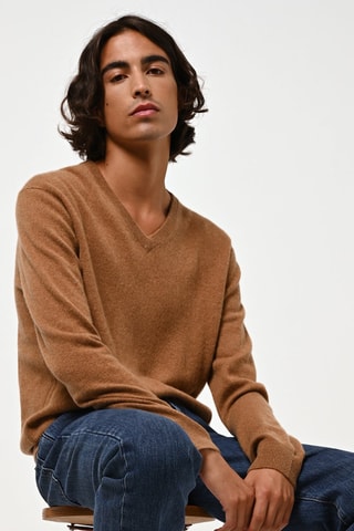 Pull Agel 100% cachemire, 2 fils - Col en V - Noisette