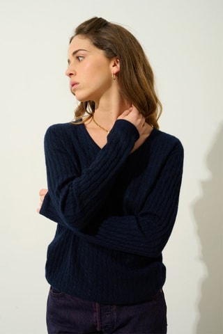 Pull Grasmoor 100% cachemire, 2 fils - Col en V - Bleu