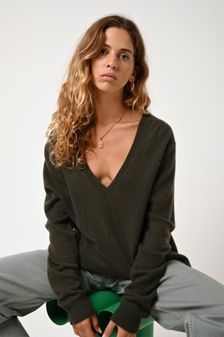 Pull Giegn 100% cachemire - Col en V - Kaki