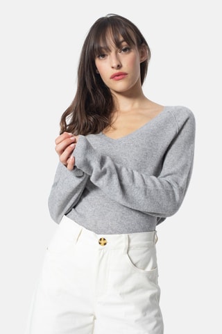 Pull Giusalet 100% cachemire, 2 fils - Col en V - Gris chiné