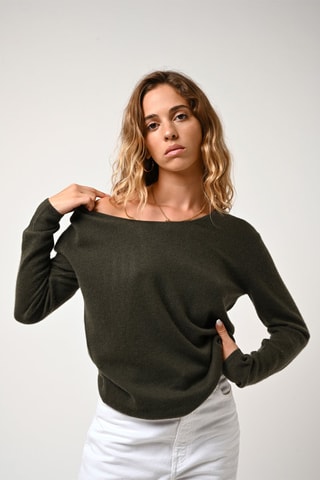 Pull Lanfon 100% cachemire, 2 fils - Encolure bateau - Kaki