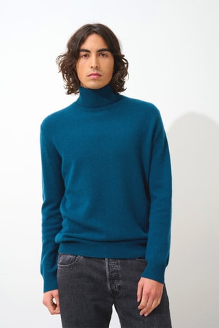 Pull Bange 100% cachemire, 2 fils - Col montant - Bleu canard