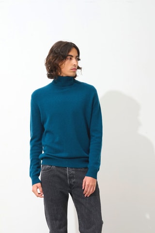 Pull Bange 100% cachemire, 2 fils - Col montant - Bleu canard