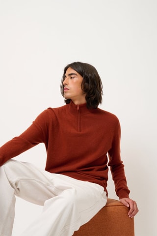 Pull Ambin 100% cachemire, 2 fils - Col montant zippé - Rouge brique