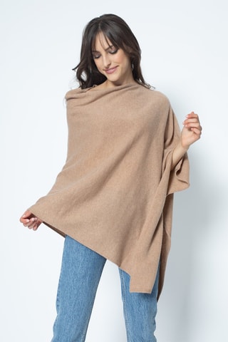 Poncho Carra 100% cachemire, 2 fils - Col asymétrique - Marron clair chiné
