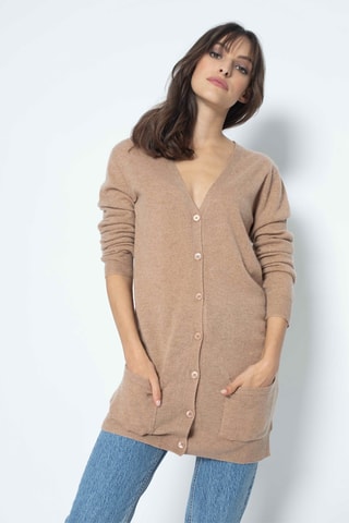 Gilet long Cimet 100% cachemire, 2 fils - Col en V - Camel chiné