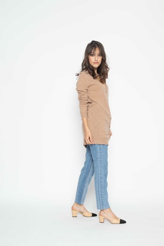 Gilet long Cimet 100% cachemire, 2 fils - Col en V - Camel chiné