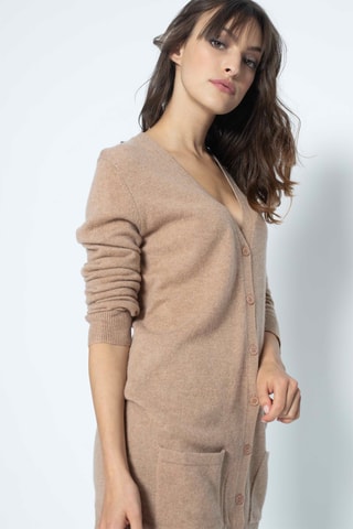 Gilet long Cimet 100% cachemire, 2 fils - Col en V - Camel chiné