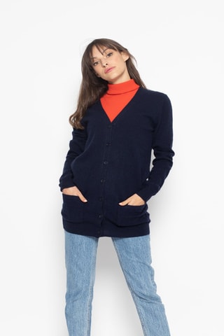 Gilet long Cimet 100% cachemire, 2 fils - Col en V - Bleu marine