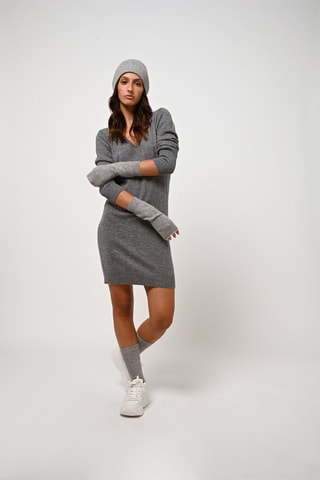 Robe pull Capelet 100% cachemire, 2 fils - Col en V - Gris chiné