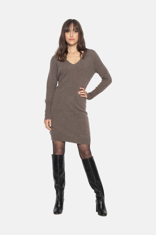 Robe pull Capelet 100% cachemire, 2 fils - Col en V - Taupe chiné