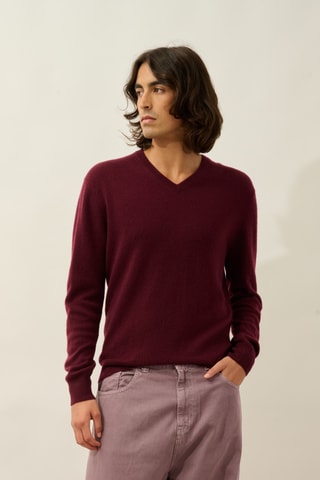 Pull Agel 100% cachemire, 2 fils - Col en V - Bordeaux