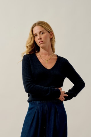 Pull Chelsea 100% cachemire, 4 fils - Col en V - Bleu foncé