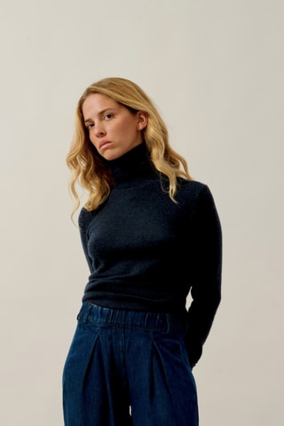 Pull Bise 100% cachemire, 2 fils - Col montant - Bleu foncé