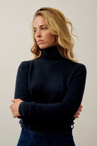 Pull Bise 100% cachemire, 2 fils - Col montant - Bleu foncé