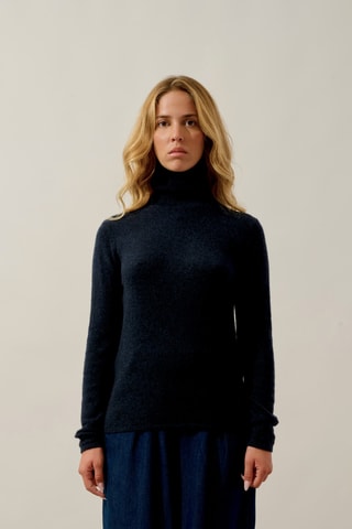 Pull Bise 100% cachemire, 2 fils - Col montant - Bleu foncé