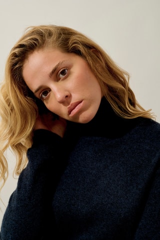 Pull Bise 100% cachemire, 2 fils - Col montant - Bleu foncé