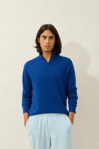 Pull Ambin 100% cachemire, 2 fils - Col montant zippé - Bleu roi