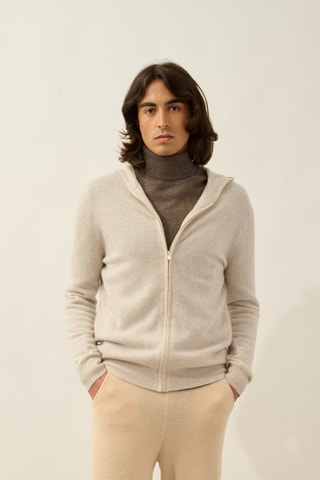 Gilet à capuche Neurre 100% cachemire, 2 fils - Beige chiné