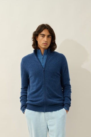 Gilet Albaron 100% cachemire, 2 fils - Col montant - Bleu marine chiné