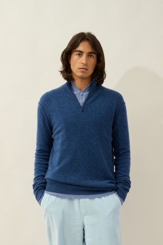 Pull Candice 100% cachemire, 2 fils - Col montant zippé - Bleu foncé