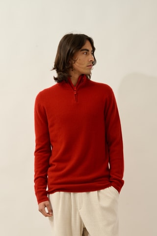 Pull Ambin 100% cachemire, 2 fils - Col montant zippé - Rouge