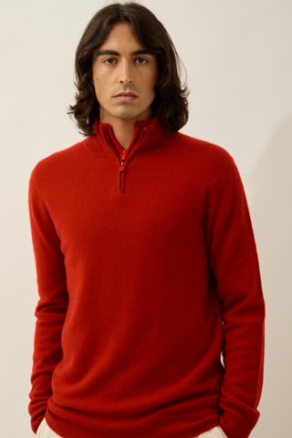 Pull Ambin 100% cachemire, 2 fils - Col montant zippé - Rouge