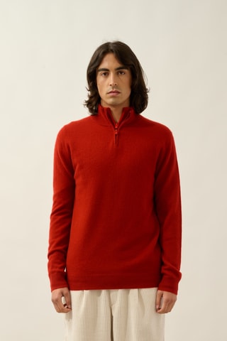 Pull Ambin 100% cachemire, 2 fils - Col montant zippé - Rouge