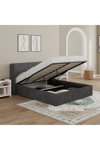 Cama com arrumação em veludo cinzento com sommier e cabeceira de cama 140x190cm