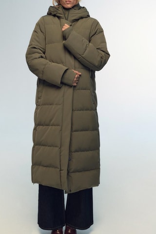 Lange gewatteerde jas met capuchon - Kaki
