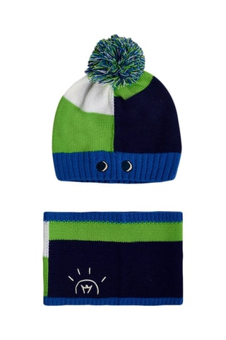 Bonnet à pompon et snood - Bleu et vert
