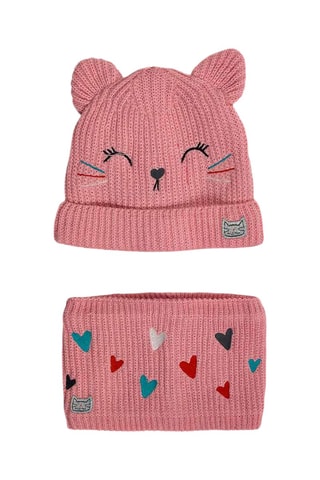 Bonnet à oreilles et snood - Rose
