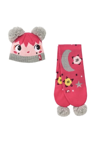 Bonnet et écharpe à pompons - Rose