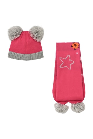 Bonnet et écharpe à pompons - Rose