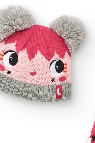 Bonnet et écharpe à pompons - Rose