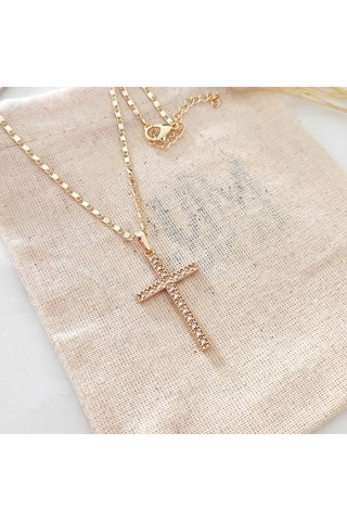 Collar de cruz - Latón chapado en oro y circones