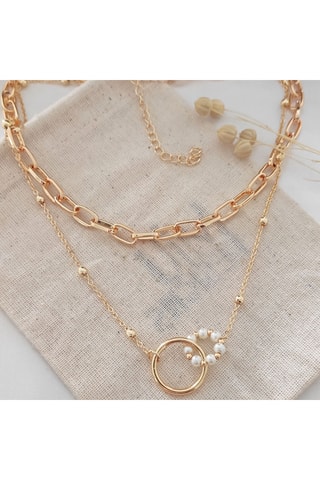 Collar doble - Latón chapado en oro y perlas sintéticas multicolor