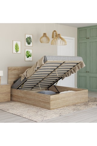 Lit coffre Sicilia avec sommier et tête de lit effet bois 140x190cm