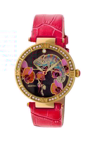 Leren Quartz Horloge Camilla   Koraalrood en Goudkleurig