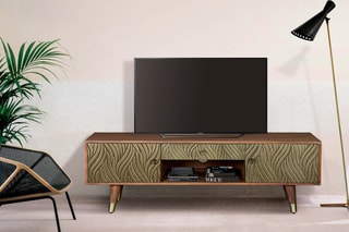 Meuble TV 2 portes - Naturel et doré