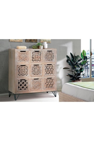 Commode 9 tiroirs - Blanc vieilli et naturel