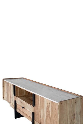 Meuble TV 2 portes en acacia massif et marbre - 145 x 54 x 40 cm